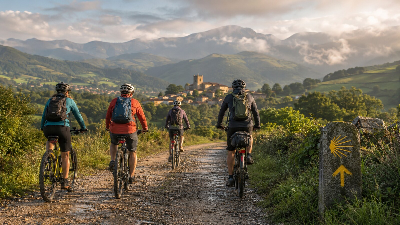 Ciclistas no Caminho Francês entre Saint-Jean-Pied-de-Port e Santiago
